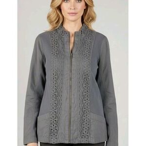 Soft Surroundings Charcoal Grey Lace Placket Zip Up Jacket Size M